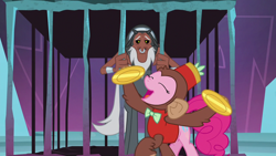 Size: 1280x720 | Tagged: safe, screencap, lord tirek, pinkie pie, centaur, earth pony, monkey, pony, school raze, annoying, cage, clothes, costume, cute, cymbal monkey, cymbals, diapinkes, female, male, mare, nose piercing, nose ring, piercing, prisoner