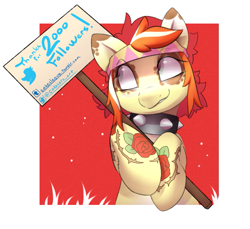 Size: 923x846 | Tagged: safe, artist:cokesleeve, oc, oc:red ink, earth pony, pony, collar, headband, meta, milestone, sign, simple background, solo, tattoo, twitter