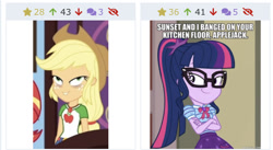 Size: 710x390 | Tagged: safe, edit, edited screencap, screencap, applejack, sci-twi, sunset shimmer, twilight sparkle, better together, equestria girls, holidays unwrapped, derpibooru, geode of super strength, geode of telekinesis, juxtaposition, magical geodes, meme, meta, offscreen character, photo, screenshots