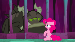 Size: 1440x810 | Tagged: safe, screencap, pinkie pie, earth pony, pony, school raze, background monster, cage, duo, female, mare, monster, sad, sitting, tartarus