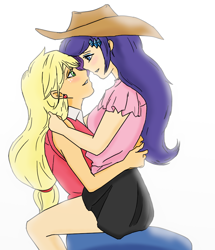 Size: 758x880 | Tagged: safe, artist:eulicious, applejack, rarity, human, accessory swap, blushing, embrace, female, humanized, lesbian, looking at each other, rarijack, shipping, simple background, sitting on lap, white background