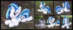 Size: 4237x1754 | Tagged: safe, artist:peruserofpieces, dj pon-3, octavia melody, vinyl scratch, earth pony, pony, unicorn, beanie (plushie), determined, female, from behind, front view, horn, implied lesbian, implied scratchtavia, implied shipping, irl, looking at each other, lying down, mare, photo, plushie, profile, prone, smiling, smirk, sploot, toy