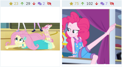 Size: 430x235 | Tagged: safe, screencap, fluttershy, pinkie pie, sci-twi, twilight sparkle, better together, do it for the ponygram!, equestria girls, sunset's backstage pass!, cropped, derpibooru, female, juxtaposition, meta, out of context, smiling