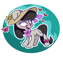 Size: 1603x1449 | Tagged: safe, artist:lou, octavia melody, butterfly, earth pony, pony, blushing, bow, flower, hat, sun hat, sunflower