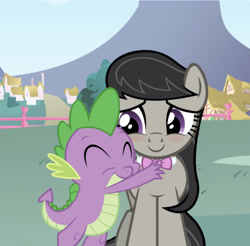 Size: 639x630 | Tagged: safe, edit, edited screencap, editor:undeadponysoldier, screencap, octavia melody, spike, dragon, earth pony, pony, adorable face, blushing, bow, collar, crack shipping, cute, daaaaaaaaaaaw, eyes closed, female, fence, happy, house, hug, love, male, mare, ponyville, shipping, smiling, spikelove, spiketavia, straight, tavibetes