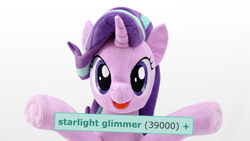 Size: 4096x2304 | Tagged: safe, artist:nekokevin, edit, starlight glimmer, pony, unicorn, series:nekokevin's glimmy, cute, derpibooru, female, glimmerbetes, irl, looking at you, mare, meta, milestone, open mouth, photo, plushie, simple background, smiling, solo, tags, underhoof, white background