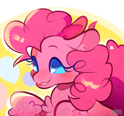 Size: 1280x1197 | Tagged: safe, artist:juicvox, pinkie pie, earth pony, pony, balloon, blushing, bust, chest fluff, cute, diapinkes, ear fluff, open mouth, smiling, solo, unshorn fetlocks