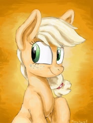 Size: 1200x1600 | Tagged: safe, artist:jimmyjamno1, applejack, earth pony, pony, female, freckles, gradient background, happy, hatless, mare, missing accessory, smiling, solo