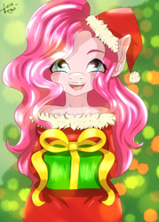 Size: 1280x1786 | Tagged: safe, artist:lucaaegus, pinkie pie, anthro, christmas, christmas lights, hat, holiday, present, santa hat, solo