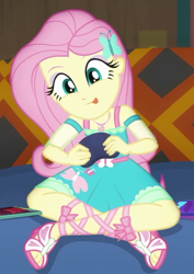 Size: 496x701 | Tagged: safe, screencap, fluttershy, better together, equestria girls, game stream, cropped, cute, feet, gamershy, sandals, shyabetes, tongue out