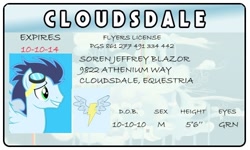 Size: 500x300 | Tagged: safe, artist:doctorxfizzle, soarin', pegasus, pony, blue coat, blue mane, blue tail, full name, license, male, solo, stallion, wings