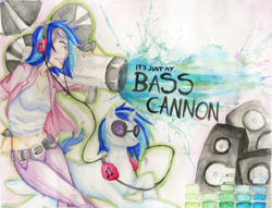 Size: 2330x1777 | Tagged: safe, artist:azupanic, dj pon-3, vinyl scratch, human, bass cannon, humanized, self ponidox, traditional art