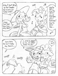 Size: 849x1100 | Tagged: safe, artist:circe, fluttershy, pinkie pie, anthro, comic:soreloser, applejerk, black and white, blushing, breasts, clothes, dress, grayscale, hat, hootershy, imminent spanking, implied spanking, monochrome, sun hat, sundress, towel, traditional art