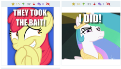 Size: 517x295 | Tagged: safe, apple bloom, princess celestia, alicorn, pony, caption, celestia is not amused, derpibooru, giggling, glare, image macro, juxtaposition, juxtaposition win, meme, meta, text, unamused