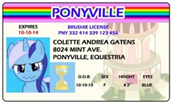 Size: 500x300 | Tagged: safe, artist:doctorxfizzle, minuette, unicorn, female, full name, horn, license, mare, solo