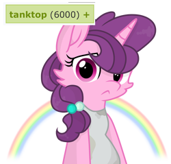 Size: 1098x1049 | Tagged: safe, artist:rainbow eevee, edit, sugar belle, pony, unicorn, clothes, cute, derpibooru, female, looking at you, mare, meta, rainbow, simple background, solo, tags, tanktop, transparent background