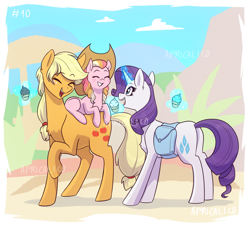 Size: 1280x1157 | Tagged: safe, artist:feellikeaplat, applejack, rarity, oc, oc:honeycrisp blossom, earth pony, pony, unicorn, aunt and niece, cowboy hat, cute, female, filly, glowing horn, hat, jackabetes, lesbian, magic, mare, ocbetes, offspring, parent:big macintosh, parent:princess cadance, parents:cadmac, raribetes, rarijack, shipping, telekinesis