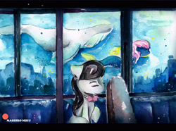 Size: 3245x2409 | Tagged: safe, artist:mashiromiku, octavia melody, oc, oc:valkrim, earth pony, pony, seapony (g4), whale, cello case, patreon, patreon logo, traditional art, underwater, watercolor painting, window
