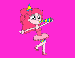 Size: 1606x1246 | Tagged: safe, artist:logan jones, pinkie pie, equestria girls, alternate clothes, boyshorts, bracelet, breasts, clothes, compression shorts, cute, feet, female, hat, high heels, jewelry, nail polish, noisemaker, panties, party hat, pink background, sandals, shoes, shorts, simple background, skirt, tanktop, toes, underwear