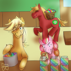 Size: 671x671 | Tagged: safe, artist:cartoonponiesruinedme, applejack, big macintosh, oc, oc:honeycrisp blossom, earth pony, pony, apple, female, food, jam, male, mare, parent:big macintosh, parent:princess cadance, parents:cadmac, stallion, zap apple, zap apple jam