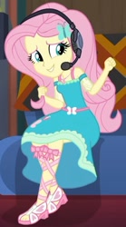 Size: 411x737 | Tagged: safe, screencap, fluttershy, better together, equestria girls, game stream, clothes, cropped, cute, dress, feet, gamershy, headphones, headset, sandals, shyabetes