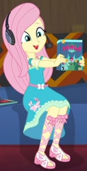 Size: 408x806 | Tagged: safe, screencap, fluttershy, better together, equestria girls, game stream, cropped, cute, feet, gamershy, headphones, photo, sandals, shyabetes, solo