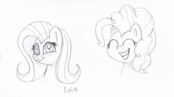 Size: 2981x1665 | Tagged: safe, artist:esfelt, fluttershy, pinkie pie, earth pony, pegasus, pony, blushing, bust, duo, eyes closed, female, looking at you, mare, monochrome, pencil drawing, simple background, sketch, smiling, traditional art, white background