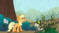 Size: 1440x808 | Tagged: safe, screencap, applejack, earth pony, pony, the return of harmony, chocolate, chocolate rain, corn, female, food, looking up, maize, mare, rain, solo