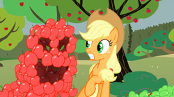 Size: 1440x808 | Tagged: safe, screencap, applejack, earth pony, pony, the return of harmony, apple, apple tree, duo, female, food, keepers of the grove of truth, mare, open mouth, raised hoof, tree