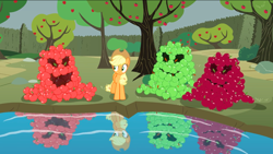 Size: 1440x811 | Tagged: safe, screencap, applejack, earth pony, pony, the return of harmony, apple, apple tree, female, food, hedge, keepers of the grove of truth, mare, pond, quartet, tree