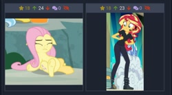 Size: 1080x595 | Tagged: safe, screencap, angel bunny, fluttershy, sunset shimmer, pegasus, pony, all the world's off stage, better together, equestria girls, she talks to angel, body swap, cropped, derpibooru, exhausted, eyes closed, female, floppy ears, juxtaposition, mare, meta, on back, solo, underhoof