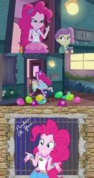 Size: 960x1808 | Tagged: safe, edit, screencap, lily pad (equestria girls), pinkie pie, better together, equestria girls, legend of everfree, pinkie sitting, camp everfree outfits, clothes, converse, cuffs, dress, geode of sugar bombs, handcuffed, house, jail, magical geodes, shoes