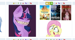 Size: 534x286 | Tagged: safe, artist:tantore, derpibooru import, fluttershy, twilight sparkle, unicorn twilight, human, pegasus, pony, rabbit, unicorn, animal, bunnicula, creepy, creepy smile, crying, derpibooru, fangs, juxtaposition, meta, night of the lepus, simple background, smiling, solo, tooth, watership down