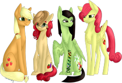 Size: 1553x1061 | Tagged: safe, artist:sychia, applejack, strawberry sunrise, oc, oc:apple berry, oc:white lilly, earth pony, pegasus, pony, accessory swap, applejack's hat, applerise, chest fluff, cowboy hat, cute, ear piercing, earring, eyebrow piercing, eyeshadow, family, female, glasses, grumpy, hat, icey-verse, jackabetes, jewelry, lesbian, magical lesbian spawn, makeup, mare, ocbetes, offspring, parent:applejack, parent:strawberry sunrise, parents:applerise, piercing, simple background, tattoo, transparent background, unamused