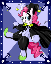 Size: 1000x1250 | Tagged: safe, artist:asajiopie01, pinkie pie, pony, spoiler:deltarune, clothes, cosplay, costume, deltarune, female, jester, jester pie, jevil, solo, standing, standing on one leg