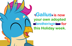 Size: 706x452 | Tagged: safe, artist:dashiesparkle, artist:fluffytuli, edit, gallus, scootaloo, griffon, adoption, bad edit, bronybait, christmas, cute, gallabetes, holiday, meta, stylistic suck, text