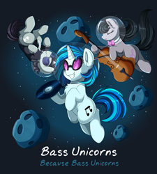 Size: 3320x3683 | Tagged: safe, artist:pridark, dj pon-3, neon lights, octavia melody, rising star, vinyl scratch, earth pony, pony, cello, female, male, mare, musical instrument, space, stallion