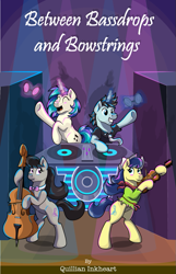 Size: 621x966 | Tagged: safe, artist:little tigress, artist:moonlightfan, editor:quillian inkheart, dj pon-3, fiddlesticks, neon lights, octavia melody, rising star, vinyl scratch, earth pony, pony, fanfic:between bassdrops and bowstrings, apple family member, cello, fanfic, fanfic art, fanfic cover, fiddle, fimfiction, magic, musical instrument, poster, record, speakers, sunglasses, turntable