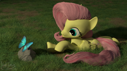 Size: 1920x1080 | Tagged: safe, artist:nebulafactory, fluttershy, butterfly, pegasus, pony, 3d, blender, female, folded wings, grass, grass field, head tilt, looking at something, mare, open mouth, outdoors, prone, solo, wings