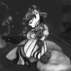 Size: 1080x1080 | Tagged: safe, artist:white-pwny, bastion (game), clothes, crossover, monochrome, ponified, solo, zebrafied