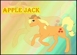 Size: 1280x905 | Tagged: safe, artist:the-coffee-cobra, applejack, earth pony, pony, applejack's hat, cowboy hat, cutie mark, female, freckles, gradient background, hair tie, hat, looking up, mare, running, smiling, solo, zoom layer