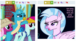 Size: 490x264 | Tagged: safe, derpibooru exclusive, edit, edited screencap, screencap, gallus, silverstream, earth pony, griffon, hippogriff, pony, uprooted, booth, cropped, derpibooru, don't even think about it, downvote, eye crossed, favorite, female, fruit pack, gallstream, happy khaki, juxtaposition, male, meta, ruby splash, shipping, silverstream is not amused, spread arms, straight, text, text edit, trail blazer, tunnel of love, unamused, upvote