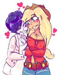 Size: 1010x1260 | Tagged: safe, artist:femujoshi, artist:pandamonzter, applejack, rarity, equestria girls, legend of everfree, applejack's hat, applerack, belt, blushing, breasts, cleavage, clothes, cowboy hat, cute, daaaaaaaaaaaw, dress, female, hat, heart, humanized, jackabetes, jacket, jewelry, lesbian, looking at each other, necklace, raribetes, rarijack, raritits, shipping, shirt, simple background, skirt, white background