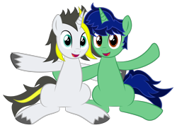 Size: 4623x3400 | Tagged: safe, artist:gabosor, artist:up-world, derpibooru exclusive, oc, oc:gabosor, oc:up-world, pony, unicorn, collaboration, 2020 community collab, derpibooru community collaboration, digital art, duo, grin, group hug, hug, looking at you, male, meta, ponysona, show accurate, simple background, sitting, smiling, stallion, transparent background, vector