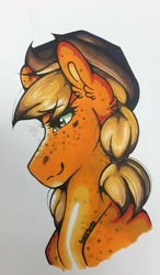 Size: 749x1280 | Tagged: safe, artist:nightmare-moons-throneroom, applejack, earth pony, pony, alternate hairstyle, applejack's hat, bust, cowboy hat, ear fluff, female, freckles, hair tie, hat, mare, pigtails, sidemouth, simple background, smiling, solo, traditional art, white background