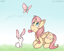 Size: 1100x873 | Tagged: safe, artist:cyberstarfox, angel bunny, fluttershy, butterfly, pegasus, pony, rabbit, duo, female, folded wings, grass, heart eyes, looking at something, looking up, mare, prone, sky, smiling, wingding eyes, wings