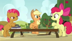 Size: 1920x1080 | Tagged: safe, screencap, apple bloom, applejack, babs seed, earth pony, pony, apple family reunion, animation error, apple, apple tree, derp, female, filly, food, mare, raise this barn, raised hoof, ribbon, singing, sweet apple acres, tree, trio, virtue of diligence, wood, woodworking, working, wrong eye color