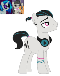 Size: 370x463 | Tagged: safe, artist:funny-arts, artist:selenaede, dj pon-3, octavia melody, vinyl scratch, oc, oc:techno wave, earth pony, pony, unicorn, base used, ear piercing, earring, female, headphones, jewelry, lesbian, magical lesbian spawn, male, next generation, offspring, parent:octavia melody, parent:vinyl scratch, parents:scratchtavia, piercing, ponytail, scratchtavia, shipping, simple background, stallion, white background, wristband