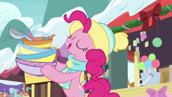 Size: 1280x720 | Tagged: safe, screencap, pinkie pie, earth pony, pony, best gift ever, bowl, clothes, eyes closed, female, hat, hoof hold, mare, scarf, snow, solo