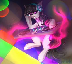 Size: 3000x2665 | Tagged: safe, artist:mediasmile666, octavia melody, earth pony, pony, abstract background, accessory swap, alternate cutie mark, bowtie, chest fluff, commission, dance floor, female, floating, glasses, grin, headphones, implied vinyl scratch, magic, mare, mixing console, sidemouth, smiling, solo, vinyl's glasses